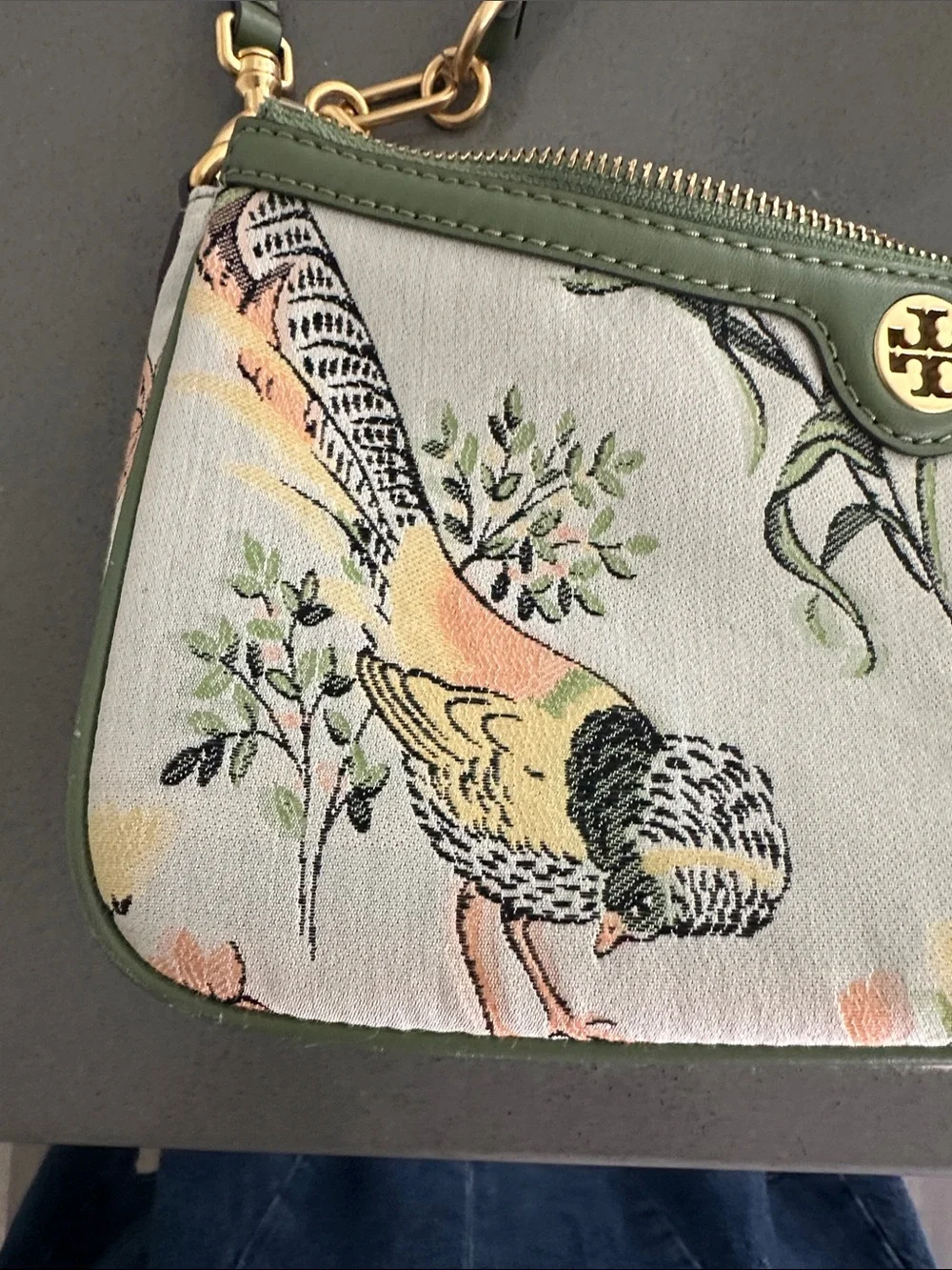 Tory Burch Olive Green Floral Bird Shoulder Bag